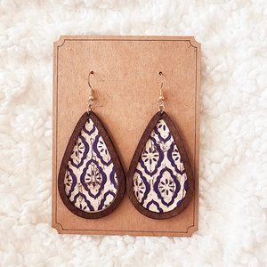 5/$25 Wooden Teardrop Dangle Earings with Blue Pattern Design